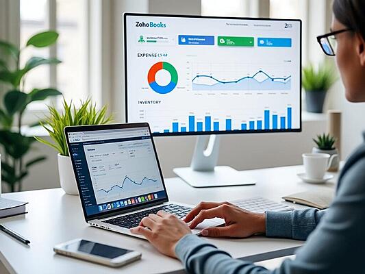 clean, modern desktop setup in a minimalist office with natural light, featuring a laptop displaying Zoho Books interface with financial charts (pie, line, bar) for expense, income, and inventory. Entrepreneur interacting, desk with minimal clutter, potted plant, Zoho Books logo